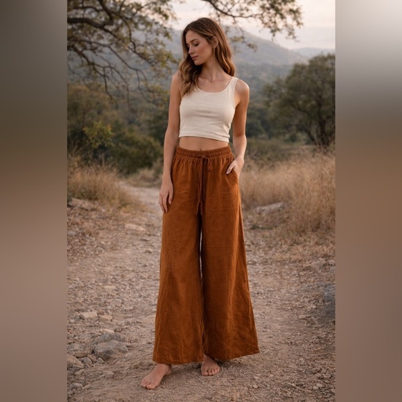 Jillian Boustred Pants - Jillian Boustred 100% Linen Wide Leg Pants M Earth Tone